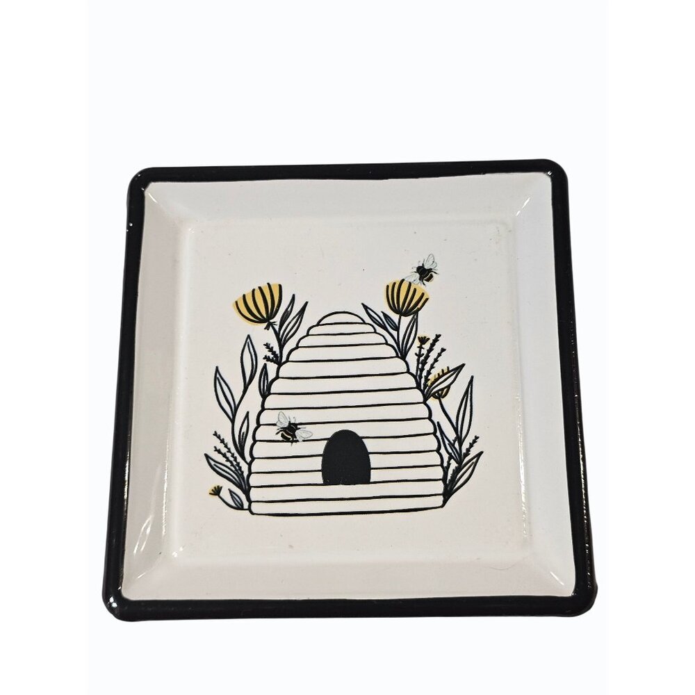 Set of 4 Decorative Metal Square Coaster Set Trinket Ring Dish Bee Hive Floral - Picture 4 of 8